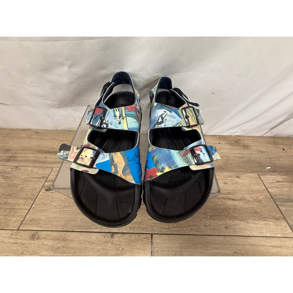 Birkis Birkenstock Men 42 Tropical Graphic Print 3-Strap Buckle Sandals Black